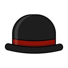 A black bowler hat with red ribbon on a white background, vector flat illustration