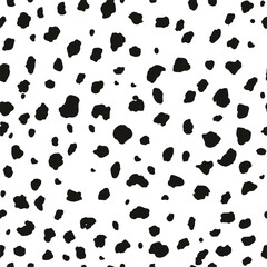 Dalmatian seamless texture pattern. Black and white dalmatian skin print in hand drawn doodle style. Abstract spots background design. Vector illustration.