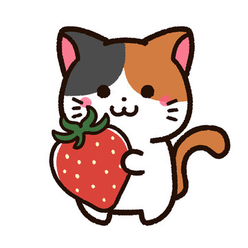 イチゴとかわいい三毛猫