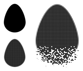 Egg icon with disappearing effect. Disappearing effect involves circle particles. Egg in dissolved, pixelated halftone and base solid vector variants.