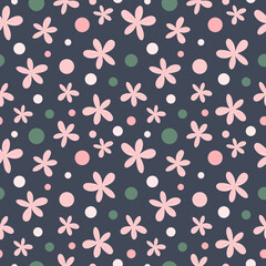 Delicate floral seamless pattern on grey blue background. Pink flowers, green dots repeat print. Cute hand drawn ornament for textile, fabric, wallpaper, wrapping paper and decoration.