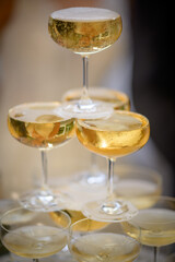 Piramide di bicchieri con champagne  sul tavolo degli sposi per il brindisi - obrazy, fototapety, plakaty
