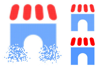 Building icon with dispersed effect. Disintegration effect involves circle scintillas. Building in dispersed, pixelated halftone and undamaged entire vector variants.