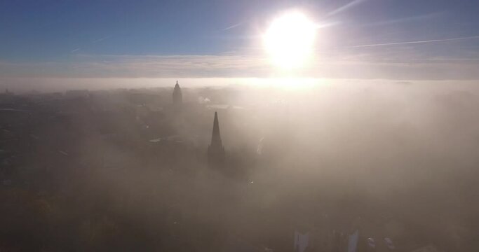 Morley, Leeds Yorkshire, England Aerial Above the Clouds Sunrise near Town Hall Misty fog
