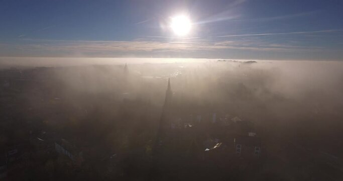 Morley, Leeds Yorkshire, England Aerial Above the Clouds Sunrise near Town Hall Misty fog
