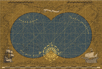 vector image of ancient nautical chart of sea routes of medieval ships