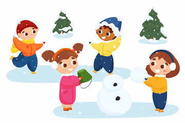 Children play active winter games. They make a snowman, throw snowballs.