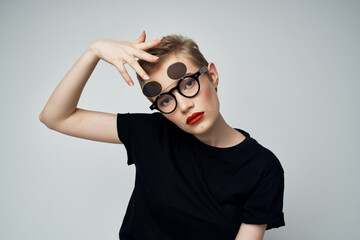 beautiful woman with double glasses fashion isolated background