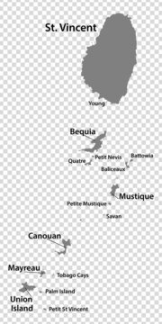 Blank map Saint Vincent and the Grenadines in gray. Every Island map is with titles. High quality map of  St. Vincent and the Grenadines  on transparent background for your  design.  Caribbean. EPS10.