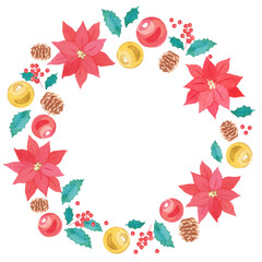 ポインセチアのクリスマスリース 水彩 イラスト