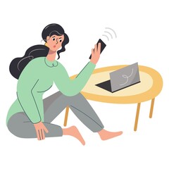 Young woman talking nervously on the phone. Bad news. The girl looks upset, annoyed, sits on the floor next to a coffee table and a laptop. Freelance work, solving complex issues. Vector flat isolated