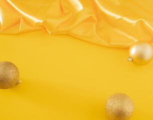 Creative modern Christmas composition with modern golden bauble on illuminating yellow table against shiny golden curtain. Retro futurism scene with copy space