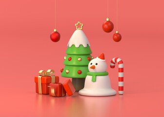 happy christmas gift and snowman - 3d rendering