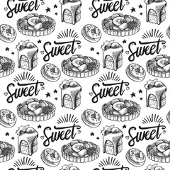 Vector seamless pattern with images of baking, coffee, using lettering, in monochrome in handmade style