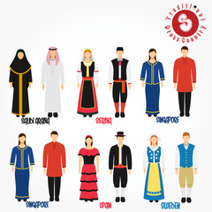 Set of alphabet "S" cartoon characters in traditional clothes.	
