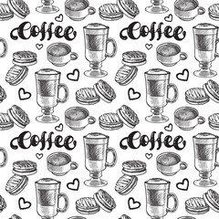 Vector seamless pattern with images of baking, coffee, using lettering, in monochrome in handmade style