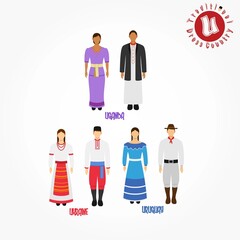 Set of alphabet "U" cartoon characters in traditional clothes.	
