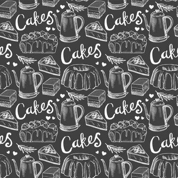 Vector seamless pattern with images of baking, coffee, using lettering, in monochrome in handmade style
