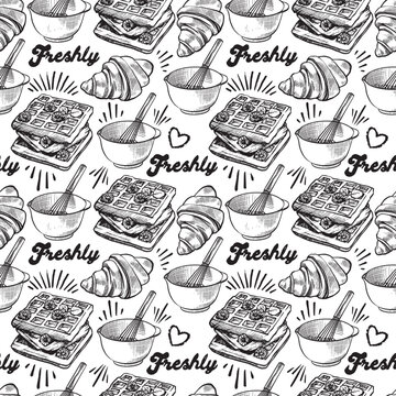 Vector seamless pattern with images of baking, coffee, using lettering, in monochrome in handmade style