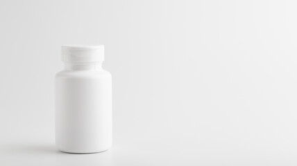 Jar of pills isolate. White plastic jar for medical pills, drugs and vitamins on a blank white background.