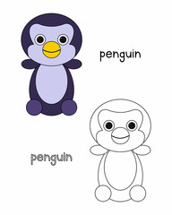 Little penguin coloring book, coloring book for preschool kids with easy educational game level. Simple linear design.