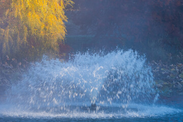 An Artesian Fountain Standing against a Misty Background at Sunrise