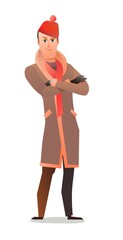 Man in winter clothes. Sheepskin coat and warm hat. Guy in winter. Cheerful person. Standing pose. Cartoon comic style flat design. Single character. Illustration isolated on white background. Vector