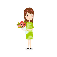 Print. Slim girl with a bouquet. Cartoon girl is standing.