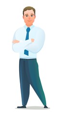 Successful businessman. Cheerful persons in standing pose. Man in business shirt and tie. Cartoon comic style flat design. Separate character. Illustration isolated on white background. Vector
