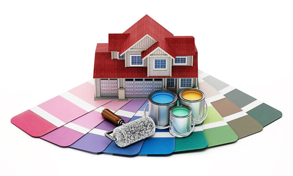 Color pallette guide, house model, paint cans and paint roller. 3D illustration