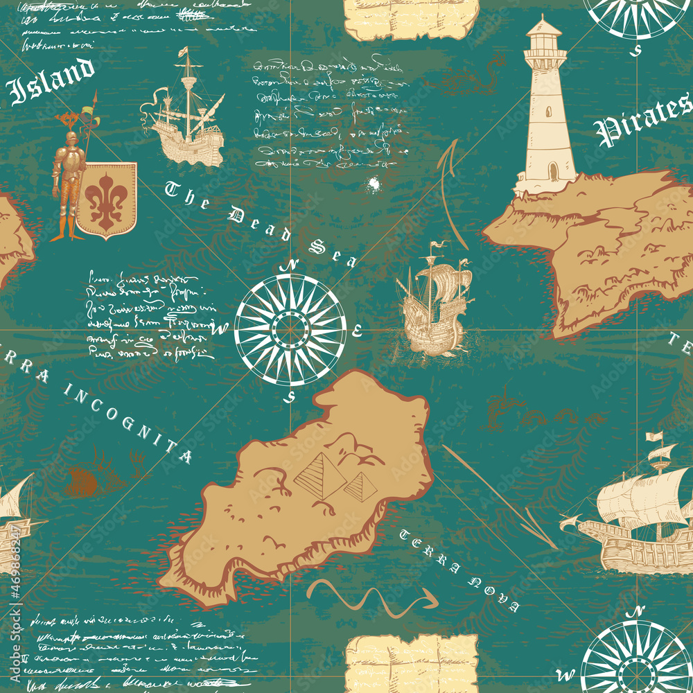 Poster vector image of ancient nautical chart of sea routes of medieval ships