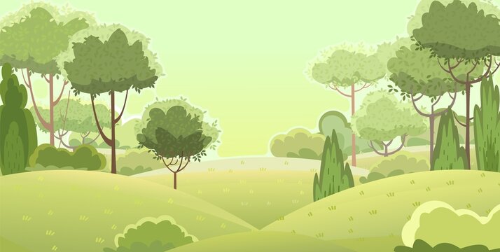Rural beautiful landscape. Cartoon style. Hills with grass and forest trees. Lush meadows. Cool romantic beauty. Flat design illustration. Vector art