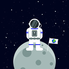 vector astronaut standing on the moon. flat illustration of astronaut in spacesuit on gray planet in outer space