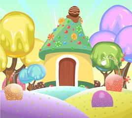 Candy hut among jelly and marmalade. Sweet caramel fairy house. Summer cute landscape. Illustration in cartoon style flat design. Picture for children. Vector