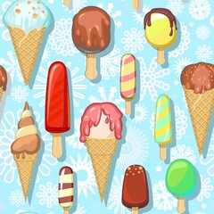 Ice cream pattern seamless. Background illustration. Wallpaper print. In waffle glasses and cones. Popsicle on sticks. Frost snowflakes. Summer food sweet dessert. Flat design. Vector.