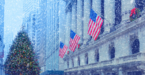 Famous Wall Street in New York City. Snow, winter.  NYC, USA