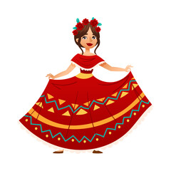 Mexican girl with flowers in her head wearing traditional red dress dancing cartoon vector illustration