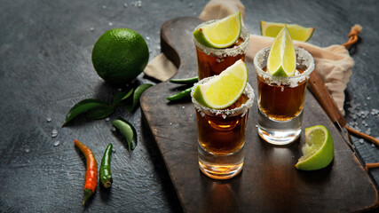 Tequila shots with lime and salt on gray background.