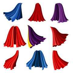 Red and Blue Cloak or Cape as Loose Silk Garment Worn Over Clothing Vector Set