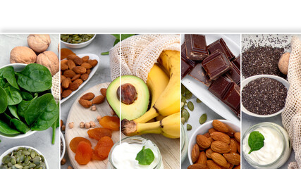 Collage made of products containing magnesium.