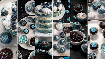 Delicious cake and cupcakes in blue on dark background.