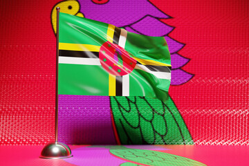 3D illustration of the national flag of Dominica on a metal flagpole fluttering .Country symbol.