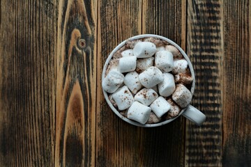 Cup of hot chocolate or cocoa with marshmallows. Cozy autumn or winter holidays 