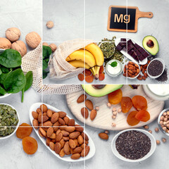 Collage made of products containing magnesium.
