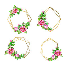 Golden geometric frame decorated with watercolor floral