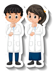 Fototapeta premium Scientist couple kids cartoon character sticker