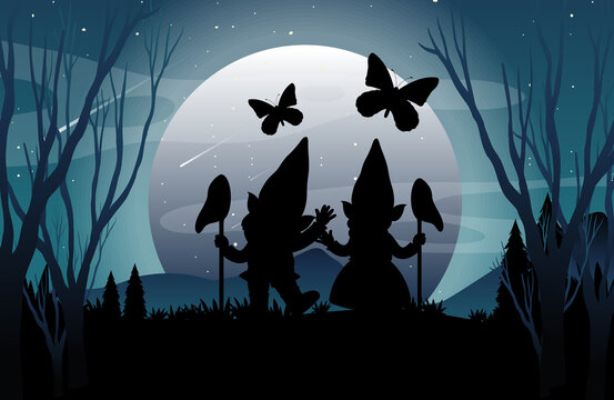 Silhouette gnomes with full moon background