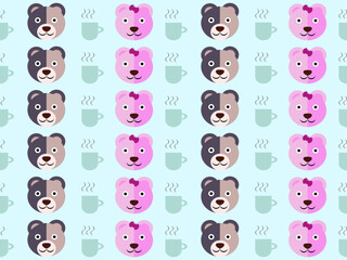 Obraz premium Brown and pink bear cartoon character pattern on blue background.
