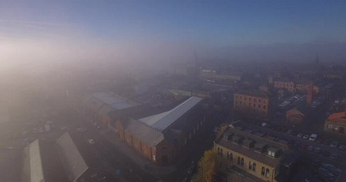 Morley, Leeds Yorkshire, England Aerial Above the Clouds Sunrise near Town Hall Misty fog
