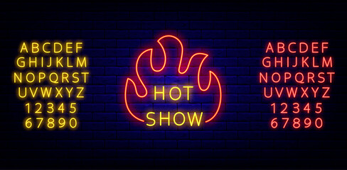 Hot show with fire neon emblem on brick wall. Shiny alphabet. Sexual performance. Vector stock illustration